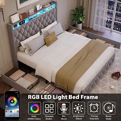 Platform Velvet Upholstered Bed Frame with 4 Storage Drawers, USB Charging Station, Led Lights