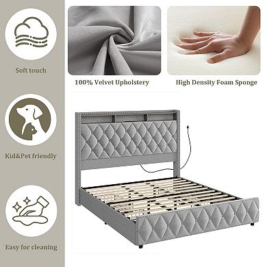 Platform Velvet Upholstered Bed Frame with 4 Storage Drawers, USB Charging Station, Led Lights