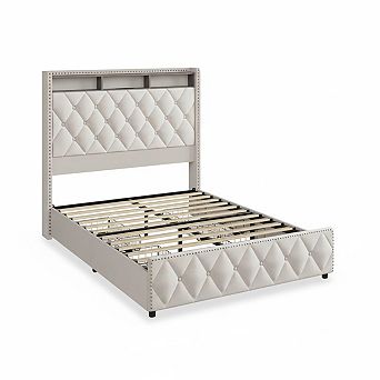 Platform Velvet Upholstered Bed Frame with 4 Storage Drawers, USB Charging Station, Led Lights