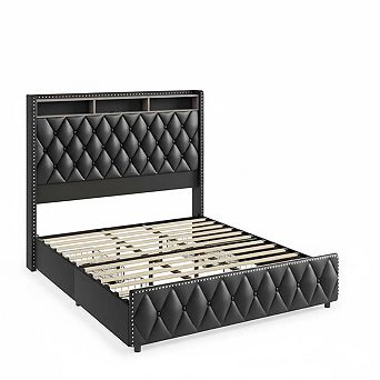 Platform Velvet Upholstered Bed Frame with 4 Storage Drawers, USB Charging Station, Led Lights