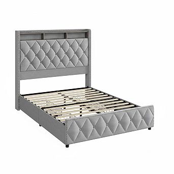 Platform Velvet Upholstered Bed Frame with 4 Storage Drawers, USB Charging Station, Led Lights
