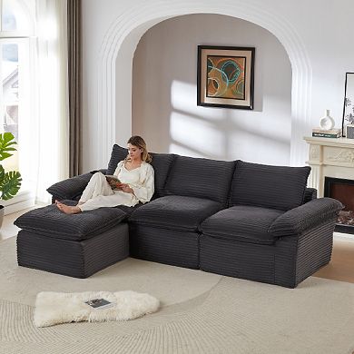 CEWOR Modular L-Shaped Cloud Sofa with Ottoman, 3-Seater Corduroy Sectional Sofas, No Assembly