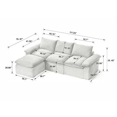 CEWOR Modular L-Shaped Cloud Sofa with Ottoman, 3-Seater Corduroy Sectional Sofas, No Assembly