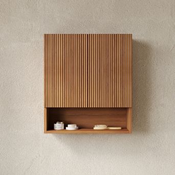 26" Wall-Mounted Striped Bathroom Cabinet, with Doors, Shelf and Open Storage Compartment