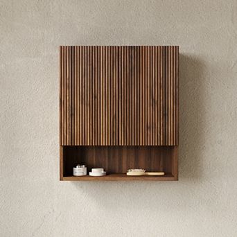 26" Wall-Mounted Striped Bathroom Cabinet, with Doors, Shelf and Open Storage Compartment