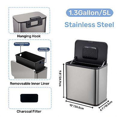 1.3 Gallon Small Stainless Steel Trash Can with Lid, Slim Design for Bathroom Kitchen Office