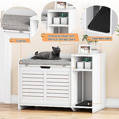 Modern Wood Cat Litter Box Enclosure with Top Opening and Cushion