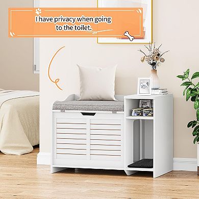 Modern Wood Cat Litter Box Enclosure with Top Opening and Cushion