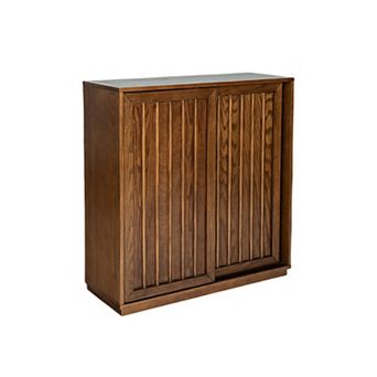 Mid Century Sideboard with 2 Sliding Door & Solid Wood Decorative Strips, Walnut