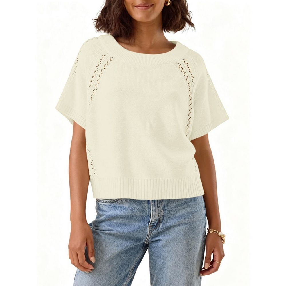 Women Knit Crochet Top Short Sleeve Crew Neck Loose Fit Pullover