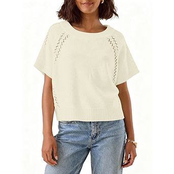 Women Knit Crochet Top Short Sleeve Crew Neck Loose Fit Pullover Sweater Casual Knitted Blouse