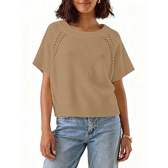 Women Knit Crochet Top Short Sleeve Crew Neck Loose Fit Pullover Sweater Casual Knitted Blouse