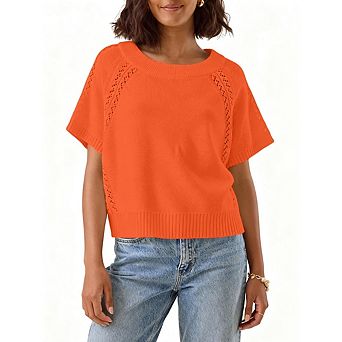 Women Knit Crochet Top Short Sleeve Crew Neck Loose Fit Pullover Sweater Casual Knitted Blouse