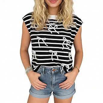 Women's Striped Knit Vest Sleeveless Tank Top with Bow Decor Casual Loose Fit Pullover Sweater