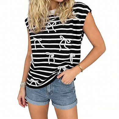 Women's Striped Knit Vest Sleeveless Tank Top with Bow Decor Casual Loose Fit Pullover Sweater