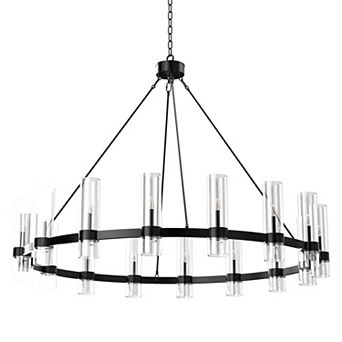 Modern Farmhouse 16-Light Matte Black Wagon Wheel Chandelier with Glass Shades
