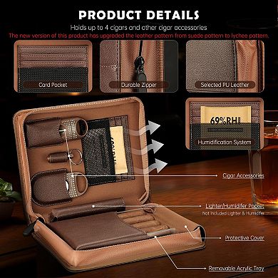 Brown PU Travel Humidor 4-Cigar Case with Cutter Punch & 69% Humidity Pack