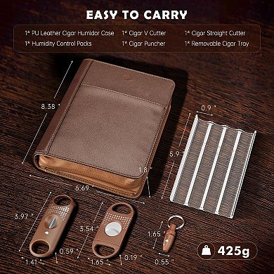 Brown PU Travel Humidor 4-Cigar Case with Cutter Punch & 69% Humidity Pack