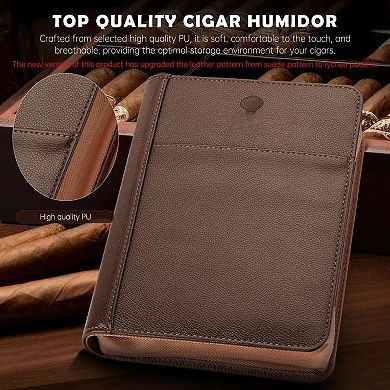 Brown PU Travel Humidor 4-Cigar Case with Cutter Punch & 69% Humidity Pack