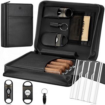 Brown PU Travel Humidor 4-Cigar Case with Cutter Punch & 69% Humidity Pack