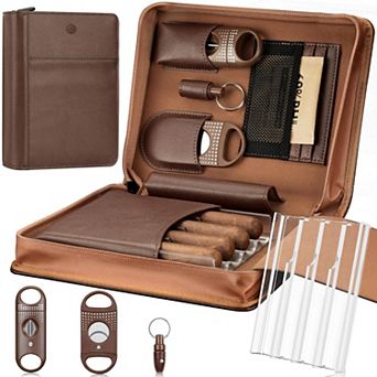 Brown PU Travel Humidor 4-Cigar Case with Cutter Punch & 69% Humidity Pack