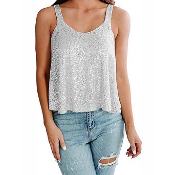 Women's Sequin Sleeveless Tank Top Sparkly Cami Top Loose Fit Crop Party Night Out Club Casual Vest