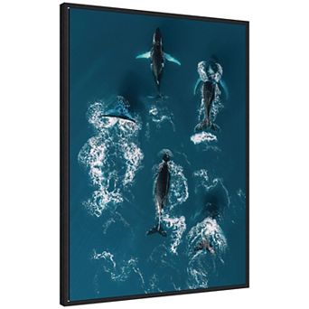 Sylvie School of Humpback Whales in the Blue Ocean Framed Canvas by Michael Schauer