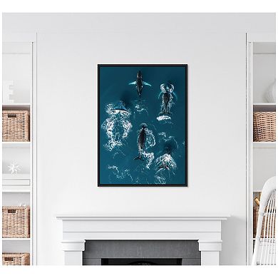 Sylvie School of Humpback Whales in the Blue Ocean Framed Canvas by Michael Schauer