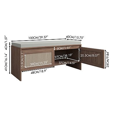 Mid-Century Modern PP Rattan Storage Bench with Cushion, 39.4 x 15.75 x 17.72 inches
