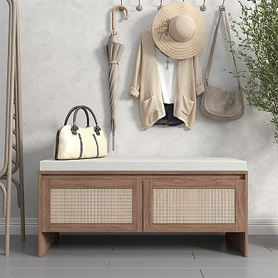 Mid-Century Modern PP Rattan Storage Bench with Cushion, 39.4 x 15.75 x 17.72 inches