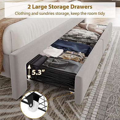 Velvet Upholstered Bed Frame, Platform with Tall Tufted Headboard, 2 Under-Bed Storage Drawers