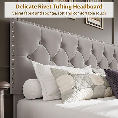 Velvet Upholstered Bed Frame, Platform with Tall Tufted Headboard, 2 Under-Bed Storage Drawers