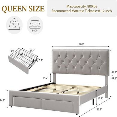 Velvet Upholstered Bed Frame, Platform with Tall Tufted Headboard, 2 Under-Bed Storage Drawers