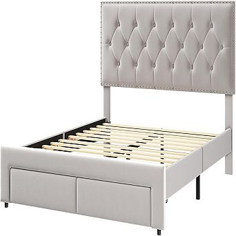 Velvet Upholstered Bed Frame, Platform with Tall Tufted Headboard, 2 Under-Bed Storage Drawers