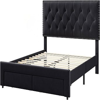 Velvet Upholstered Bed Frame, Platform with Tall Tufted Headboard, 2 Under-Bed Storage Drawers