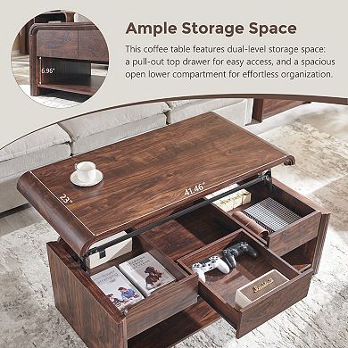47" Lift Top Coffee Table with Hidden Storage, Modern Wood Center Table with Drawer & Open Shelf