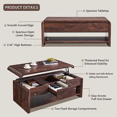 47" Lift Top Coffee Table with Hidden Storage, Modern Wood Center Table with Drawer & Open Shelf