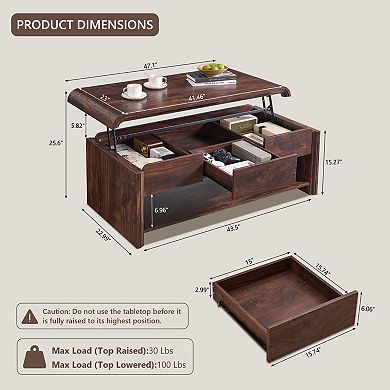 47" Lift Top Coffee Table with Hidden Storage, Modern Wood Center Table with Drawer & Open Shelf