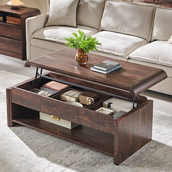 47" Lift Top Coffee Table with Hidden Storage, Modern Wood Center Table with Drawer & Open Shelf