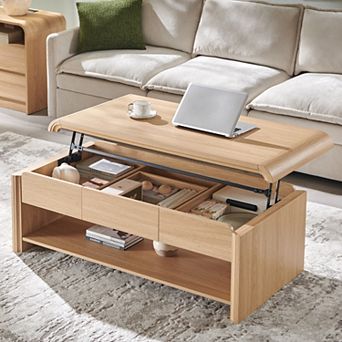 47" Lift Top Coffee Table with Hidden Storage, Modern Wood Center Table with Drawer & Open Shelf