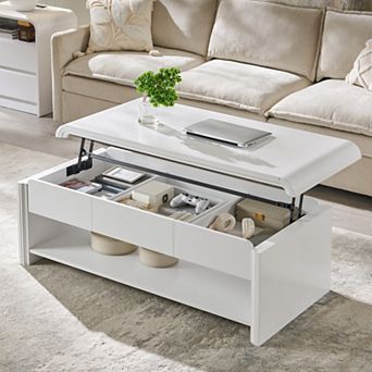 47" Lift Top Coffee Table with Hidden Storage, Modern Wood Center Table with Drawer & Open Shelf