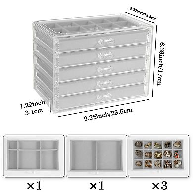 5-Drawer Clear Jewelry Organizer Box Velvet Lining Stackable Gift