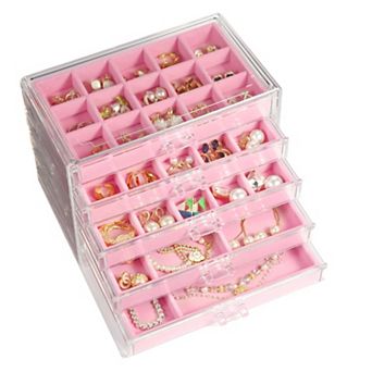 5-Drawer Clear Jewelry Organizer Box Velvet Lining Stackable Gift