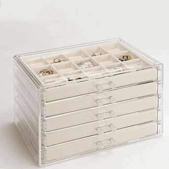 5-Drawer Clear Jewelry Organizer Box Velvet Lining Stackable Gift