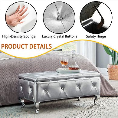 CEWOR Leather Storage Ottoman Bench, Crystal Button Tufted Footrest for End of Bed, Living Room