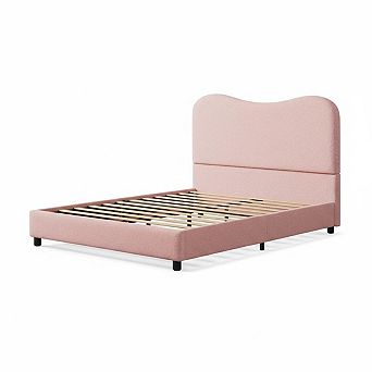 Bed Frame with Velvet Upholstered Headboard, Cute Low Profile Platform Bed for Girls and Boys