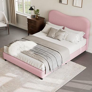 Bed Frame with Velvet Upholstered Headboard, Cute Low Profile Platform Bed for Girls and Boys