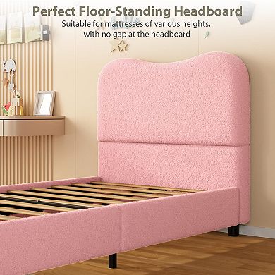 Bed Frame with Velvet Upholstered Headboard, Cute Low Profile Platform Bed for Girls and Boys