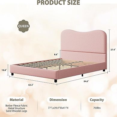 Bed Frame with Velvet Upholstered Headboard, Cute Low Profile Platform Bed for Girls and Boys