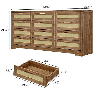 Modern Rattan Wood Dresser with 12 Drawers for Bedroom Storage